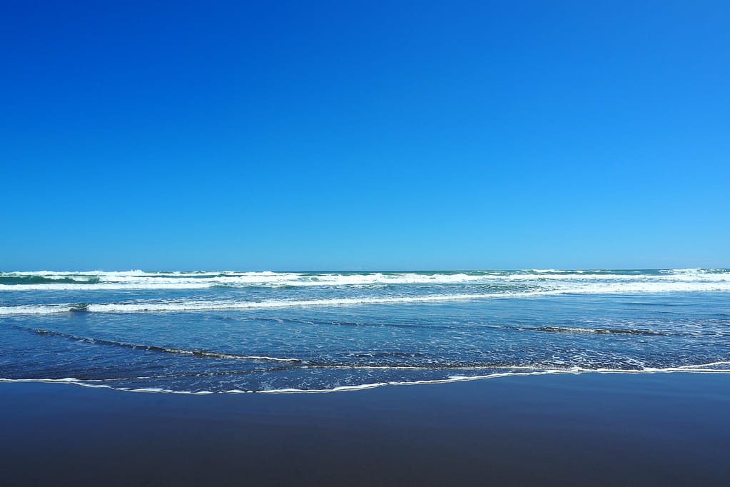 The shore at Piha with a clear blue sky.